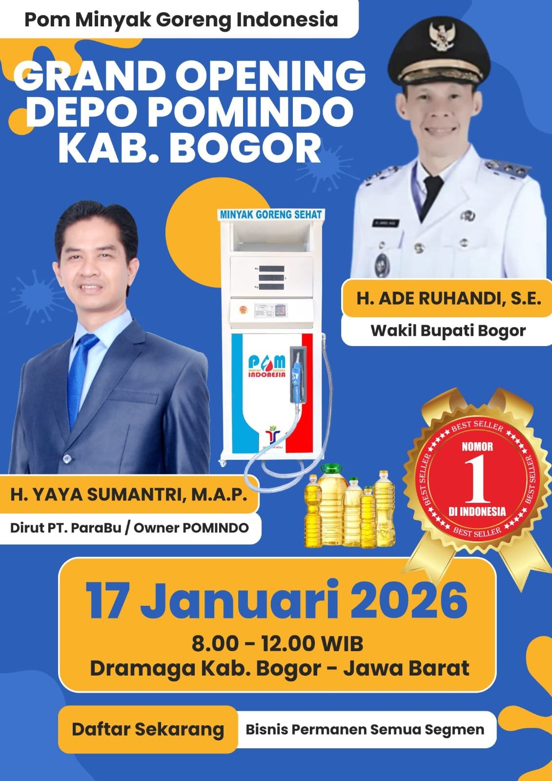 Direktur PT Parama Artha Buwana (ParaBu) sekaligus owner POMINDO, H. Yaya Sumantri, S.A.P., M.A.P., siap launching Depo POMINDO di Bogor, 17 Januari 2026. Solusi minyak goreng sehat, menjadi bisnis permanen semua segmen.