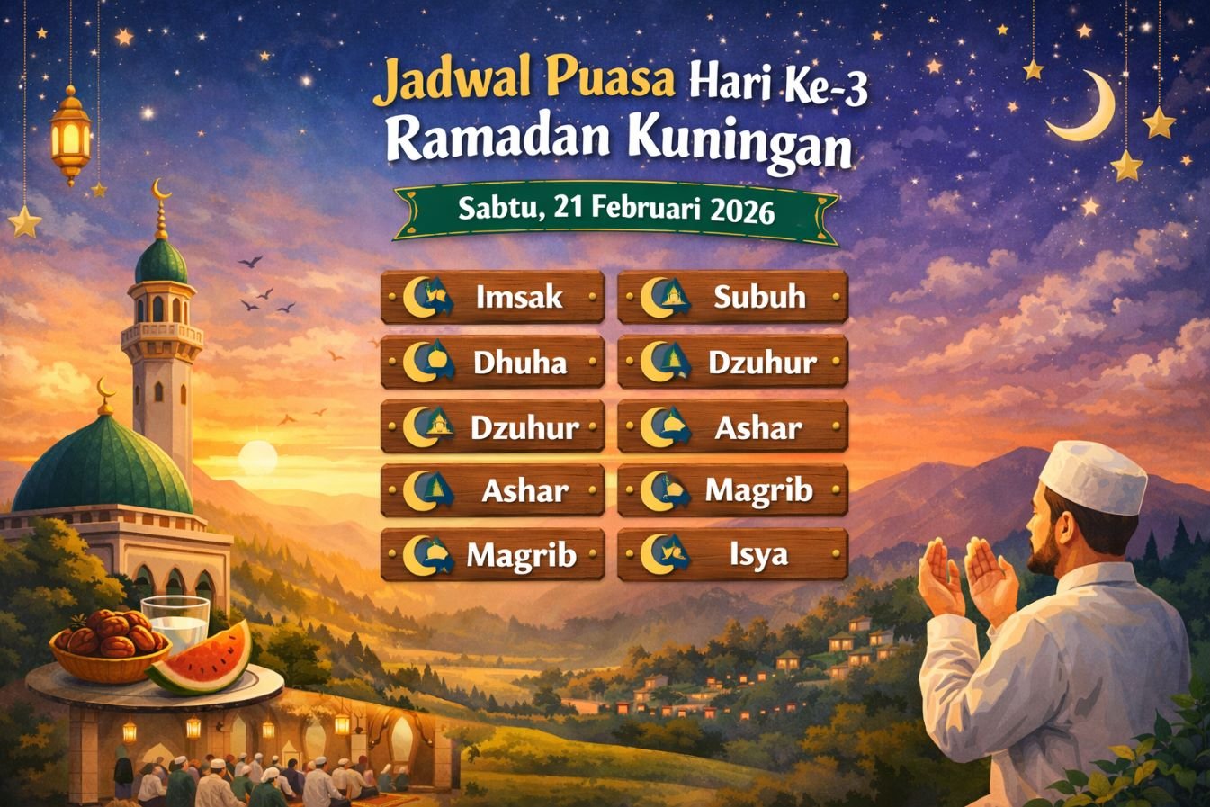 Jadwal puasa hari ke-3 Ramadan 21 Februari 2026 di Kuningan: waktu imsak 04.24, buka puasa Maghrib 18.16, lengkap waktu shalat.