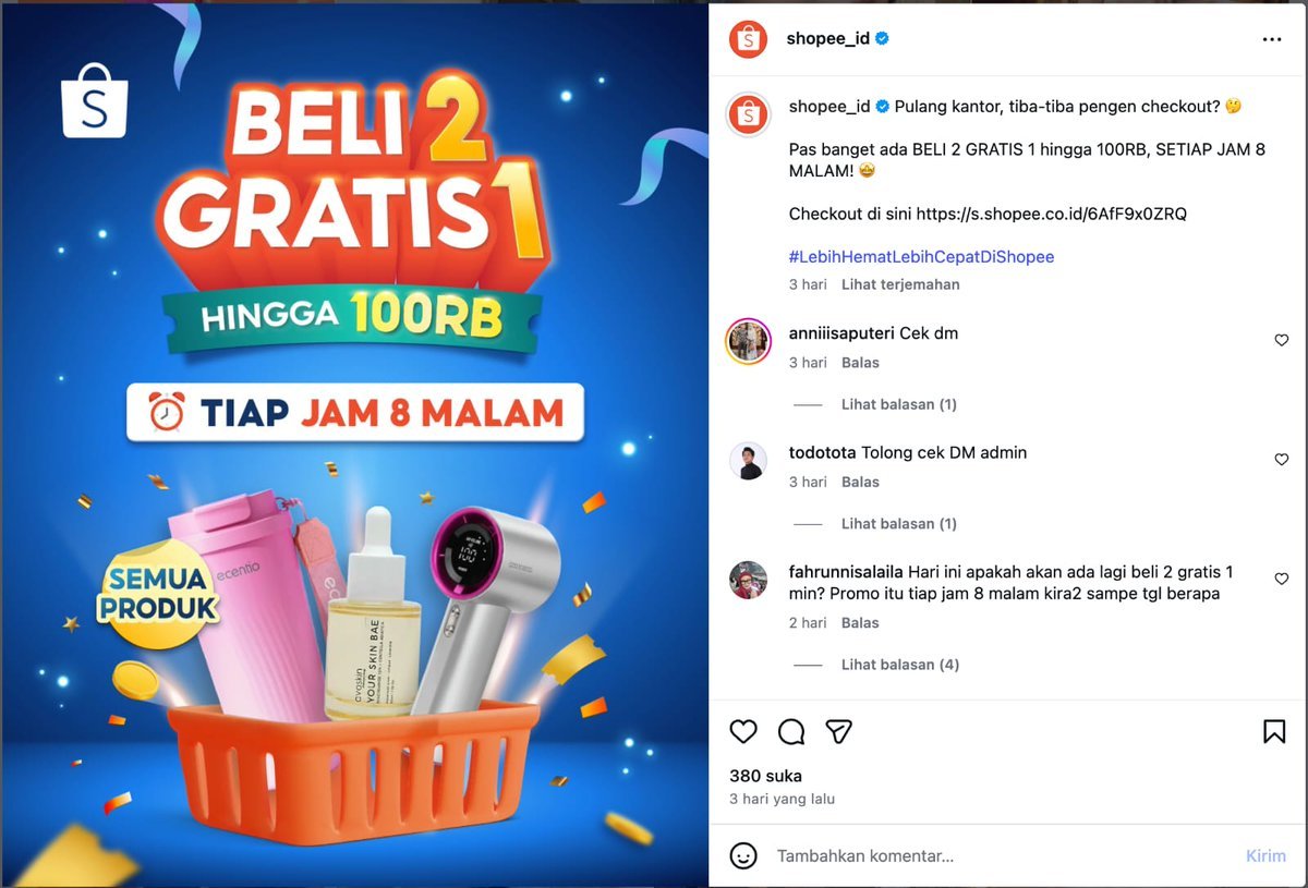 Promo Jam 8 Malam Shopee Beli 2 Gratis 1 hadir setiap hari. Masukkan 3 produk Promo XTRA dan dapatkan diskon hingga Rp100 ribu.