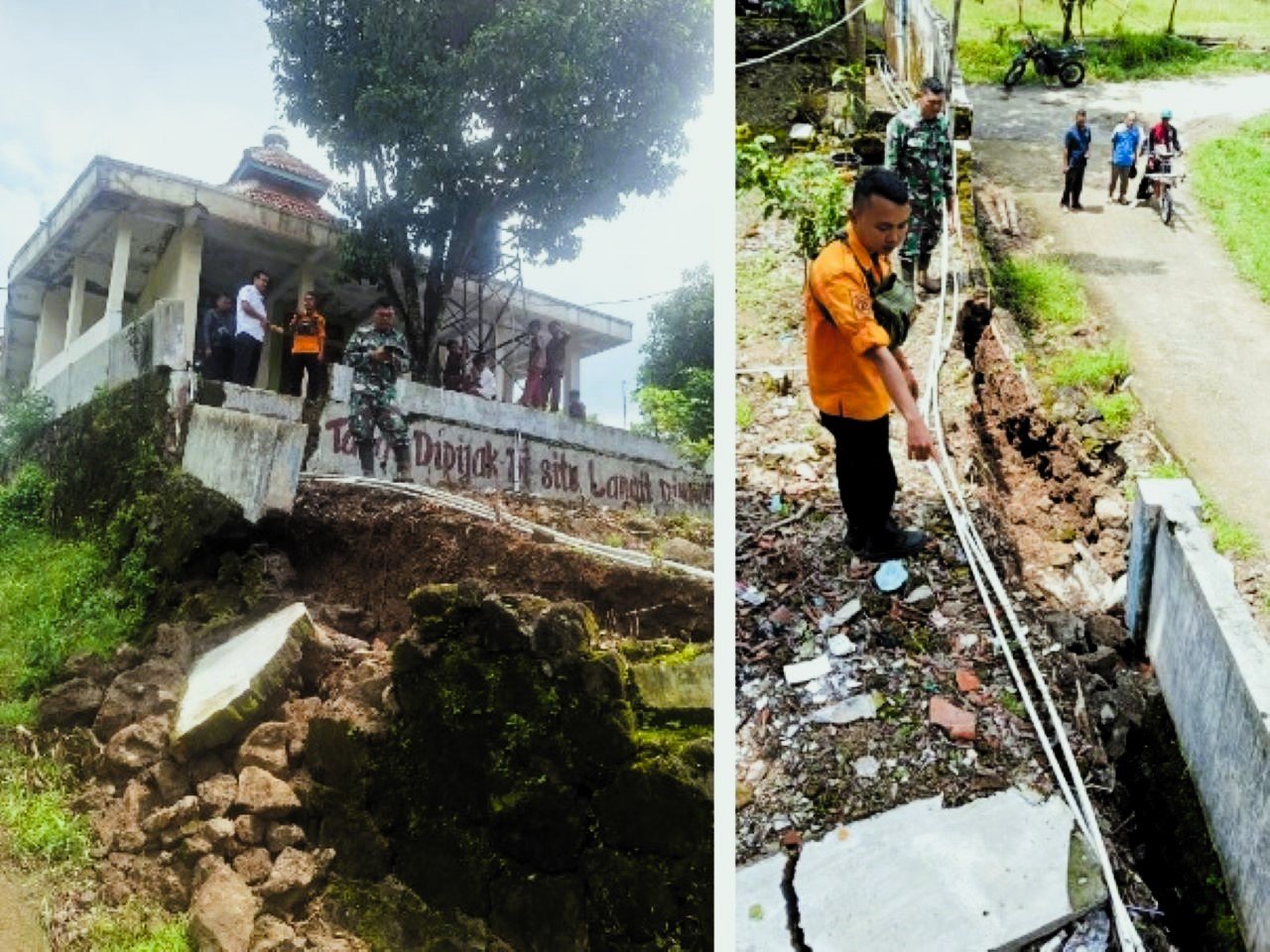 Hujan deras picu longsor di SD-SMP Satap Cimulya. Pagar sekolah ambrol dan bangunan musala kini terancam bahaya.