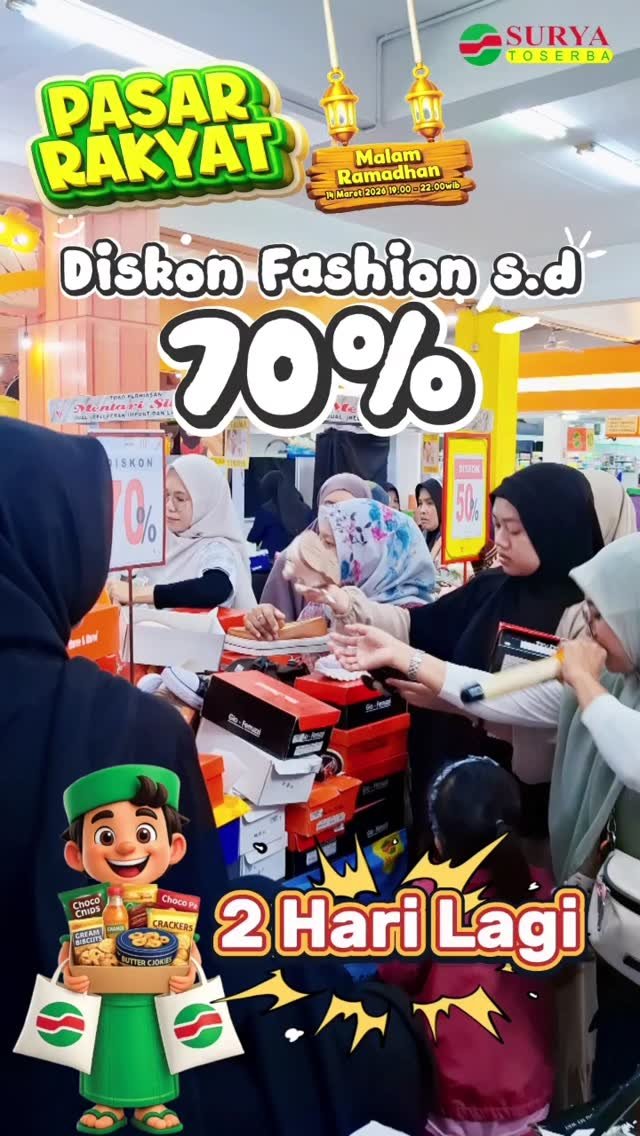 Surya Toserba Kuningan gelar Pasar Rakyat Malam Ramadhan. Diskon fashion 70%, promo sarung, hingga doorprize elektronik. Cek di sini!