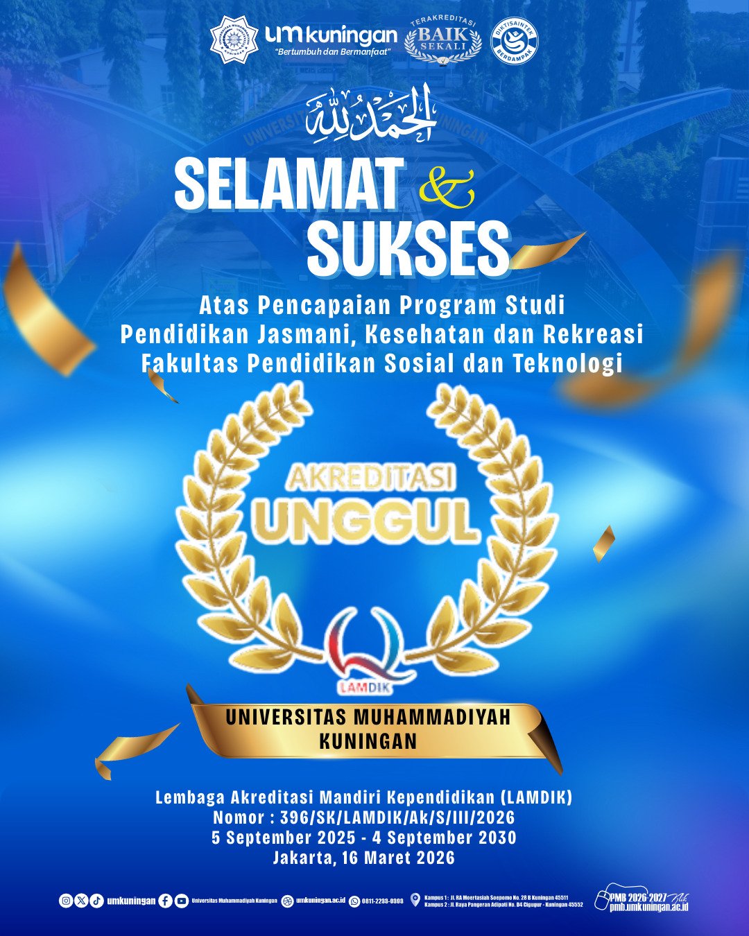 PJKR UM Kuningan meraih akreditasi unggul, memperkuat posisi kampus dalam pengembangan mutu pendidikan tinggi nasional.