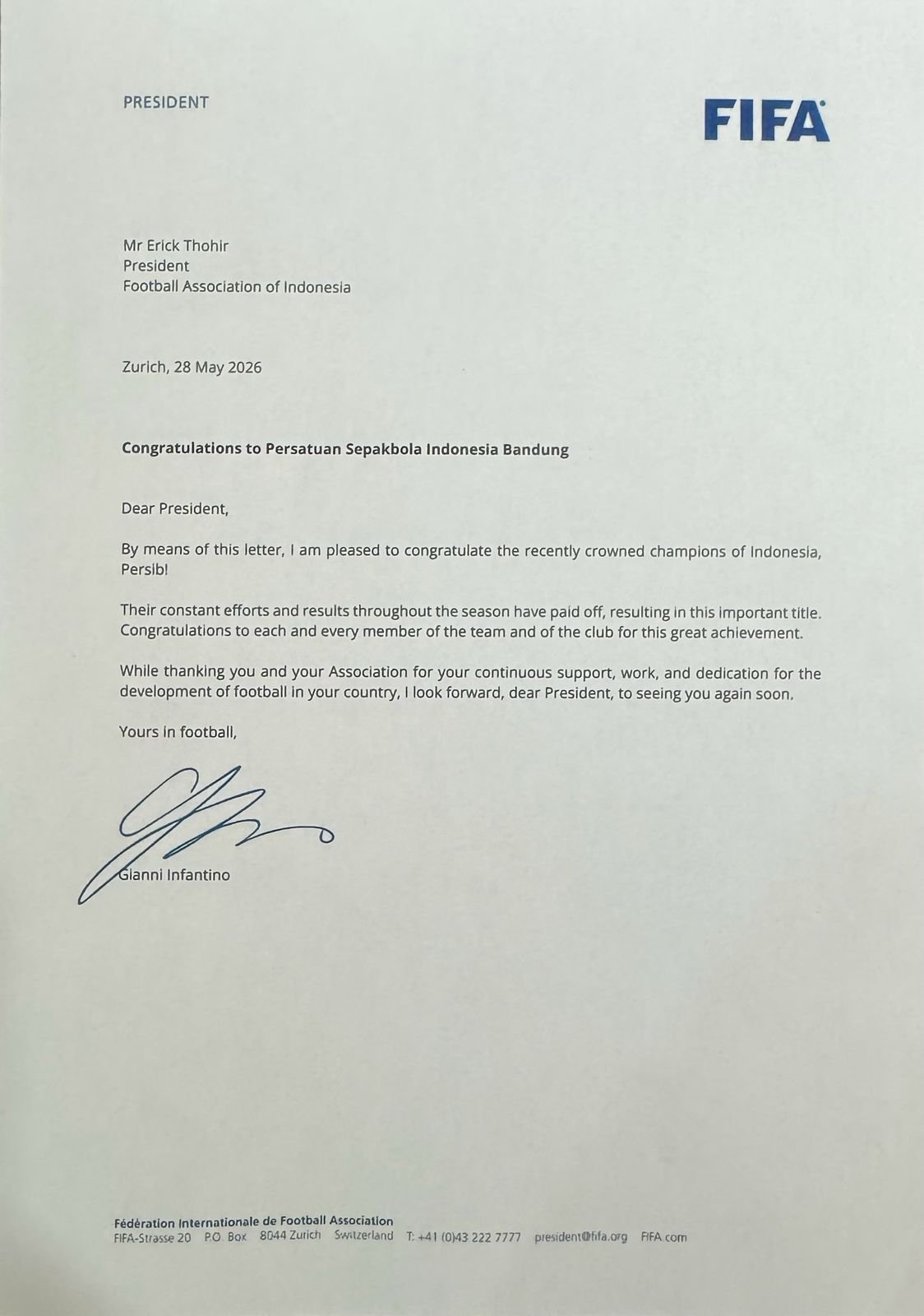 FIFA mengirim surat ucapan selamat kepada Persib Bandung usai menjuarai Super League 2025/2026 dan mengapresiasi konsistensinya.