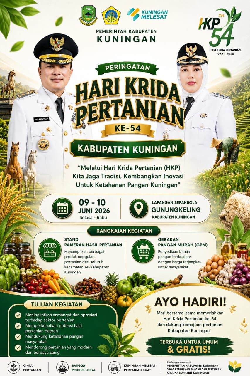 Hari Krida Pertanian (HKP) ke-54 Kuningan digelar 9-10 Juni 2026 di Gunungkeling, hadirkan pameran dan pangan murah.