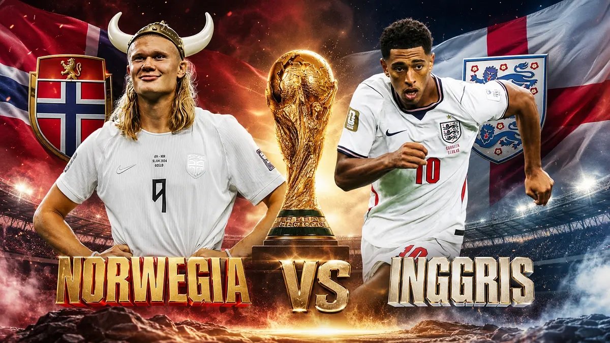 Prediksi skor dan link live streaming Norwegia vs Inggris tempat menonton perempat final Piala Dunia 2026. Simak jam tayang TVRI di sini.