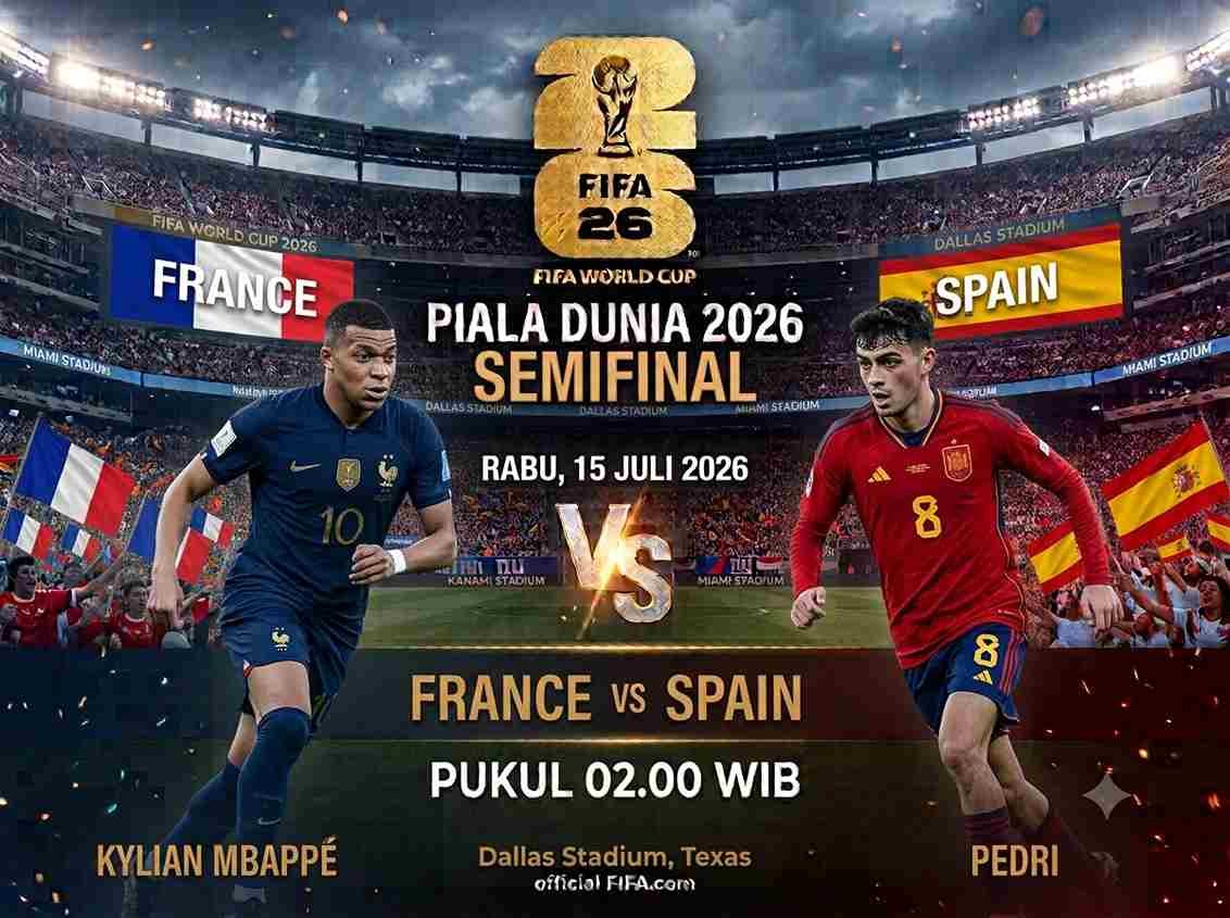 4 link live streaming Prancis vs Spanyol semifinal Piala Dunia 2026, prediksi skor, jam tayang, susunan pemain, dan tempat menonton.