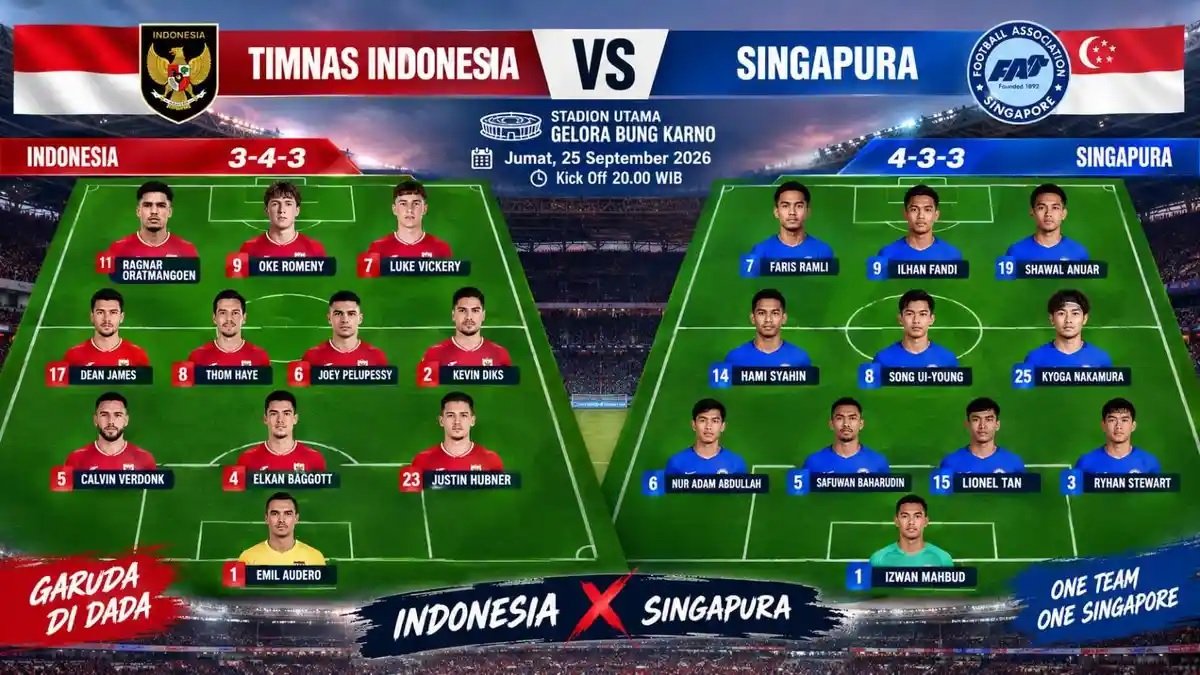 Timnas Indonesia vs Singapura tersaji di SUGBK pada FIFA ASEAN Cup 2026. Simak jadwal, link live streaming, head to head & prediksi skornya.