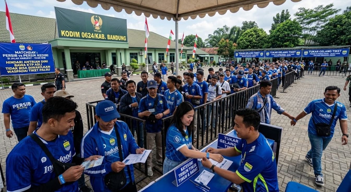 Persib siap jamu Persik Kediri di Si Jalak Harupat (SJH). Simak aturan tukar e-ticket di Kodim 0624 Bandung agar tiket Persib tak hangus!